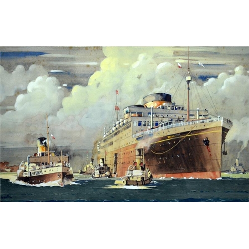 399 - † Derrick Smoothy (British, 1923-2009), MV Britannic, watercolour, signed, 36cm x 58cm, framed