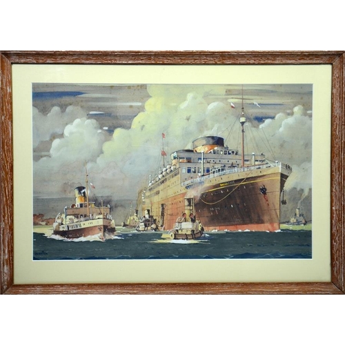 399 - † Derrick Smoothy (British, 1923-2009), MV Britannic, watercolour, signed, 36cm x 58cm, framed