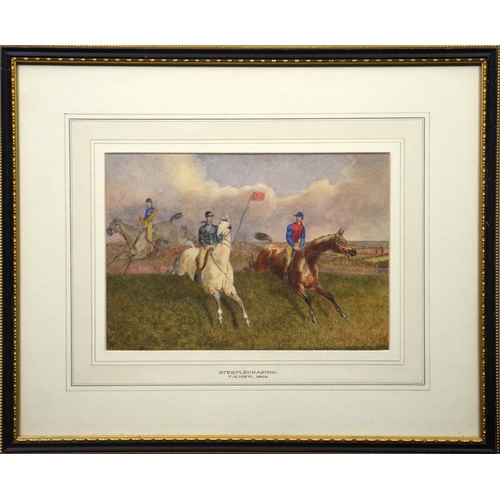 401 - T.H. Mew (British, 19th century), Steeplechasing, watercolour, signed, titled and dated 1864, 17cm x... 