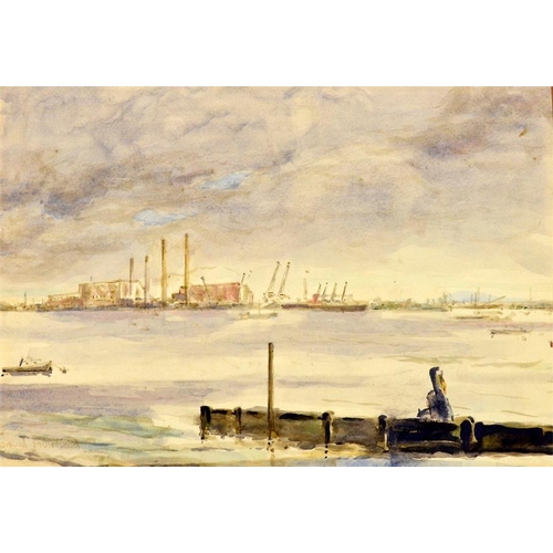 402 - David Muirhead (1867-1930), Estuary with Industrial Buildings, watercolour, signed, 26cm x 38cm, mou... 