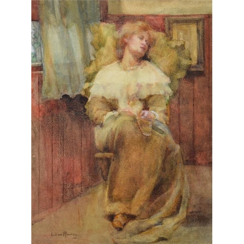 406 - Lilian Rowney (British, fl.1893-1934), A Seated Young Woman, watercolour, signed, 23cm x 17cm, frame... 