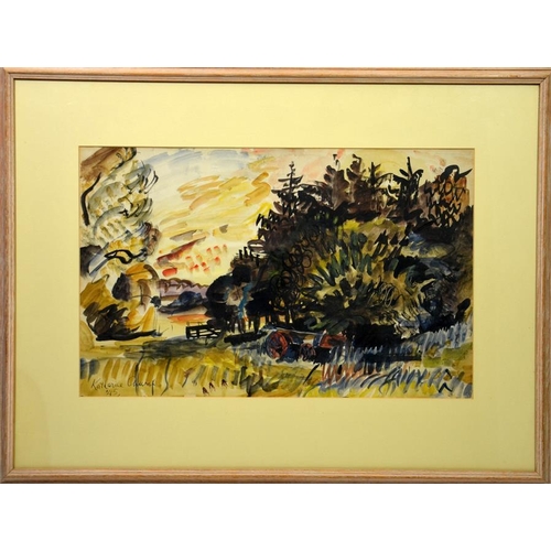 419 - † Katherine Church (1910-1995), Landscape with Woodland and Cart, watercolour, signed and dated [19]... 