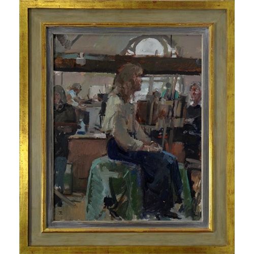 433 -  Tom Coates PRBA (British, b.1941), Art Workshop, Newbury, oil on board, monogrammed, 50cm x 39cm, ... 