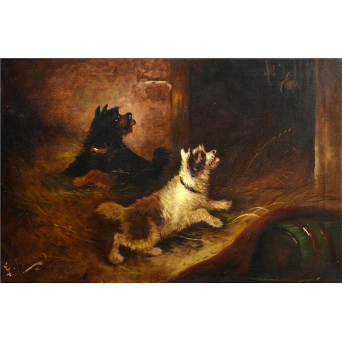 448 - G. Bateman (19th century), a pair of paintings of terriers called Footsteps and Intrusion, oil on ca... 