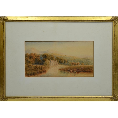 449 - T.W. Downing (British, 19th century), a landscape scene with cattle by a river, watercolour, signed,... 