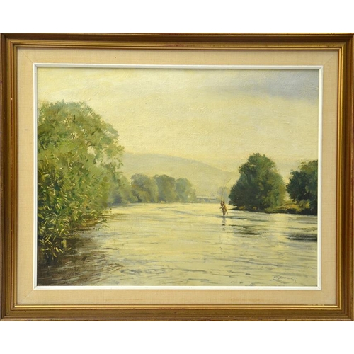 450 -  Walter Robin Jennings (British, b.1927), 'Casting R. Severn, Worcs', oil on canvas, signed, framed... 