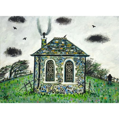 459 -  Joan Gillchrest (1918-2008), Cornish Chapel in a Field, oil on board, signed, 21cm x 27cm, framed