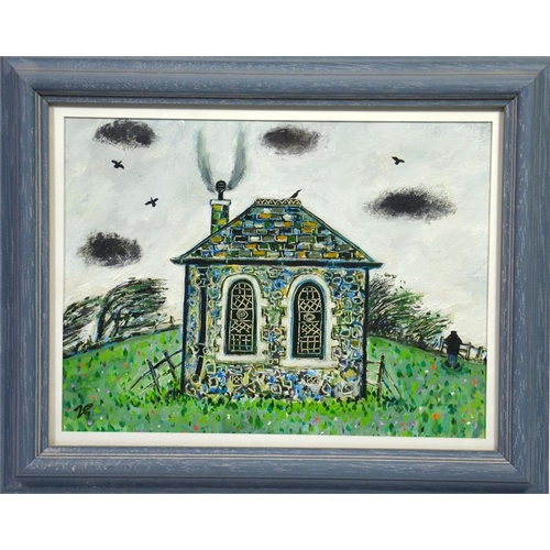 459 -  Joan Gillchrest (1918-2008), Cornish Chapel in a Field, oil on board, signed, 21cm x 27cm, framed