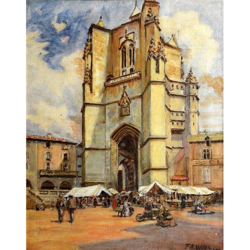 475 - F.A. Wilkinson (British, fl.1904-1937), Spanish Church and Market Square, oil on canvas, signed, 51c... 