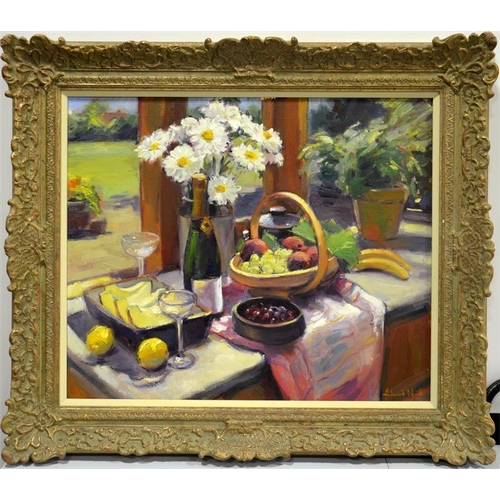 478 -  Edward Noott (British, b.1963), Fruit and Champagne, oil on canvas, signed, 62cm x 74cm, framed