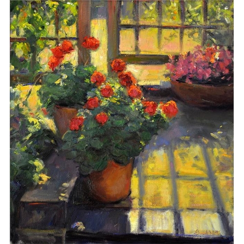 484 -  Edward Noott (British, b.1963), Geraniums in the Morning, oil on canvas, signed, 62cm x 57cm, fram... 