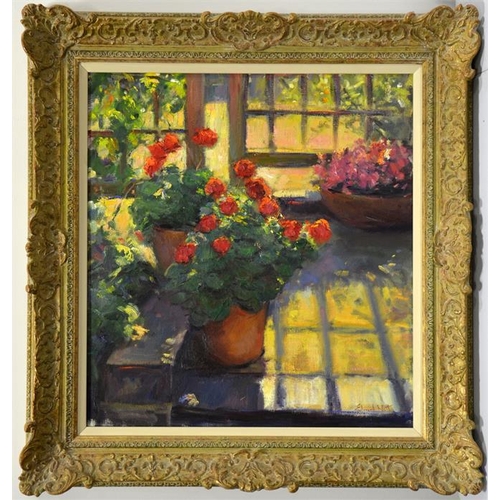 484 -  Edward Noott (British, b.1963), Geraniums in the Morning, oil on canvas, signed, 62cm x 57cm, fram... 