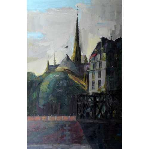 490 -  Philip Hemsley (b.1933), Notre Dame, oil on board, signed verso, 92cm x 59cm, framed