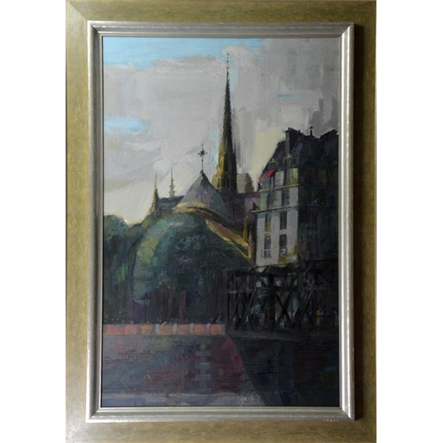 490 -  Philip Hemsley (b.1933), Notre Dame, oil on board, signed verso, 92cm x 59cm, framed