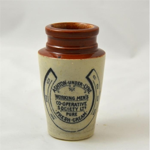 504 - A brown top cream pot from the Working Men's Co-operative Society Ltd, Ashton-under-Lyme 10.5cm high... 