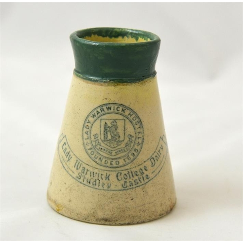 505 - A green top churn shaped cream pot from the Lady Warwick Hostel, Studley Castle 9.5cm high.