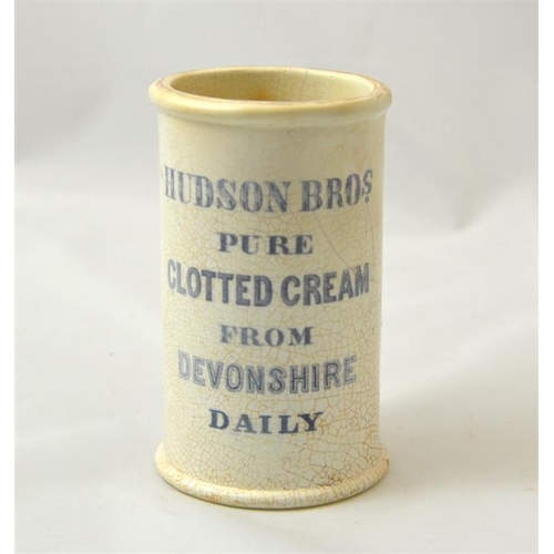 512 - A cylinder cream pot advertising Hudson Bros Pure Clotted Cream from Devonshire Daily 12cm high.