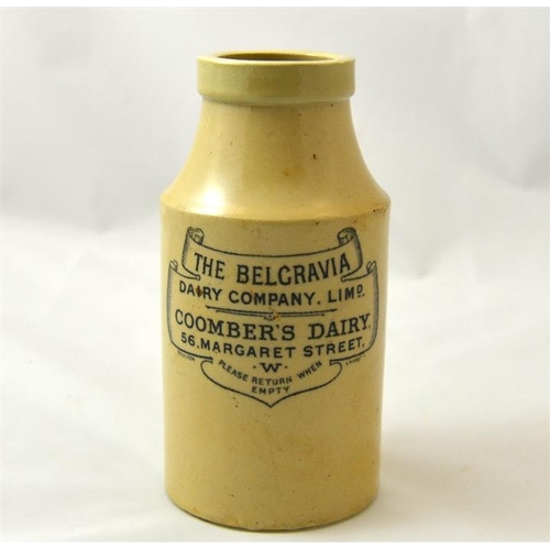 533 - A stoneware milk jar from the Belgravia Dairy Company, Coomber's Dairy Margaret Street London 18cm h... 