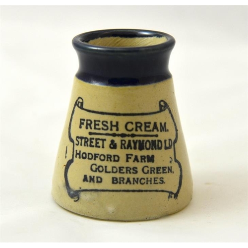 550 - A blue top cream pot from Street & Raymond Ltd, Hudford Farm Golders Green 7cm high.