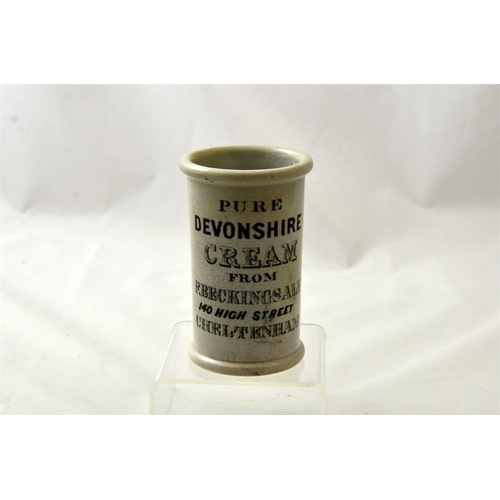 575 - A cylinder cream pot from F Beckinsale, 140 High St, Cheltenham 12cm high.