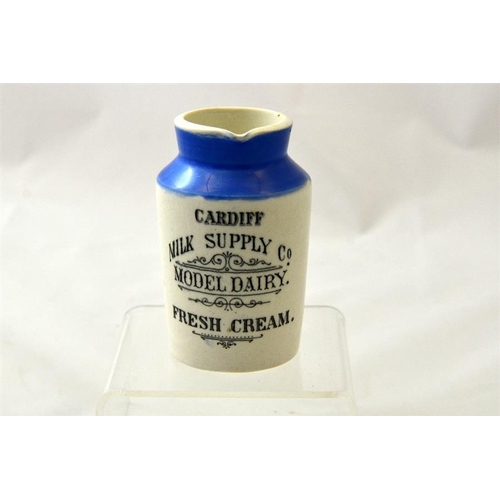 584 - A blue top cream jug from the Cardiff Milk Supply Co Model Dairy 10cm high.