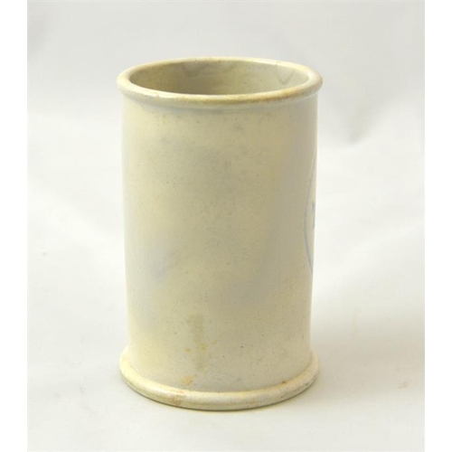 587 - A cylinder cream pot from T Sheppard & Co, Terminus Stores London Bridge 10.5cm high.