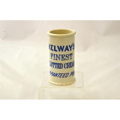 599 - A cylinder cream pot advertising Kelway's Finest Clotted Cream 11.5cm high.