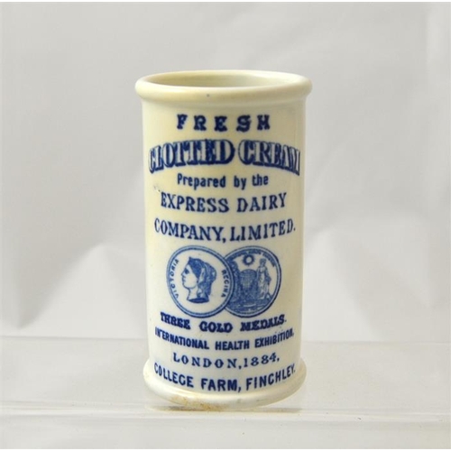 602 - A blue transfer cylinder cream pot, advertising three gold medals awarded to Express Dairy at the 18... 