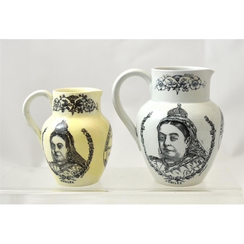 604 - A large and a small pottery jug to commemorate Queen Victoria's 1887 jubilee from Hailwood's Manches... 