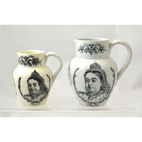 604 - A large and a small pottery jug to commemorate Queen Victoria's 1887 jubilee from Hailwood's Manches... 