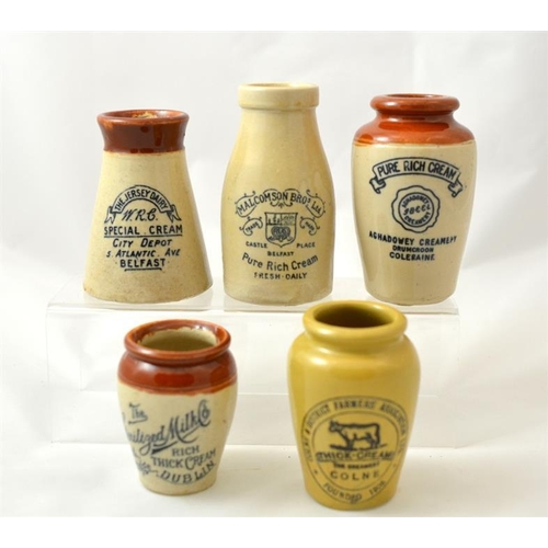 609 - Five Irish cream pots including Aghadowey Creamery, Jersey Dairy Belfast, The Sterilised Milk Co Dub... 