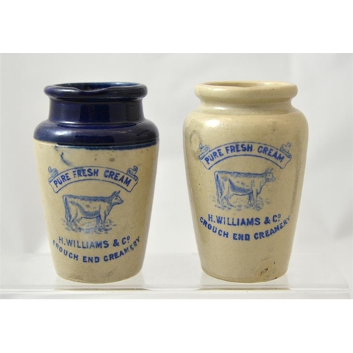 612 - A pair of blue top cream pots with blue transfers, from H. Williams & Co, Crouch End Creamery (2) 12... 