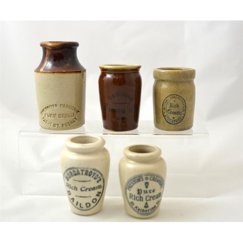 617 - Five London cream pots including Williams Creamery Streatham, Royal Cadogan Dairy, United Farmers of... 