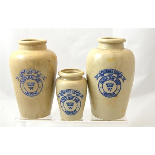 621 - Three blue transfer cream pots from Escrick Park Dairy, Yorkshire (3) 16cm high.