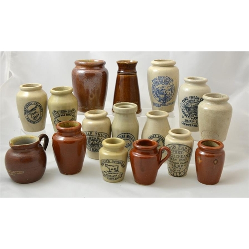 630 - A group of named stoneware cream pots and jars, including London Pure Milk Association, Marklands Fa... 