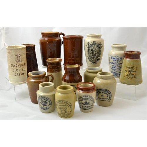 635 - A group of named stoneware cream pots and jars, including Graves & Hillier, John Melrose, Carrick's,... 