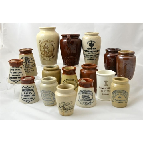 638 - A group of named stoneware cream pots and jars, including Shepherd's Dairy Halifax, Helsby Creamery,... 