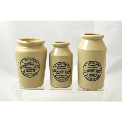 643 - A group of of three stoneware cream pots from A. Withers Dairyman, Weston-Super-Mare (3) 13cm high.