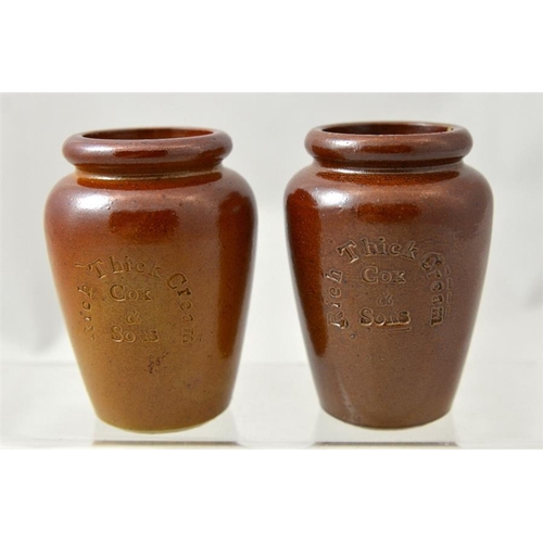 645 - A pair of salt glaze cream pots, impressed Rich Thick Cream from S.Cox & Sons (2) 9.5cm high.