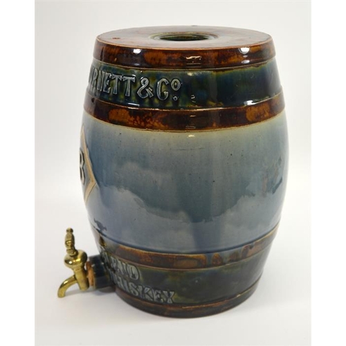 648 - A large Doulton Lambeth stoneware whisky siphon dispenser, barrel form relief moulded inscription Si... 