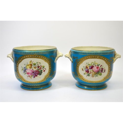 1594 - A pair of 19th century Sevres style cashepots, decorated with panels of heavenly cherubs on a  Bleu ... 