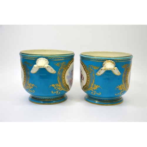 1594 - A pair of 19th century Sevres style cashepots, decorated with panels of heavenly cherubs on a  Bleu ... 