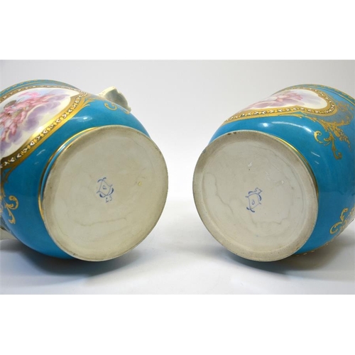 1594 - A pair of 19th century Sevres style cashepots, decorated with panels of heavenly cherubs on a  Bleu ... 