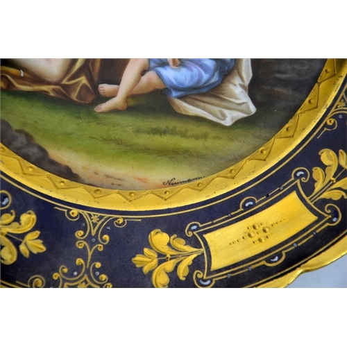 1597 - A pair of Vienna syle plates, painted with allegorical scenes, cobalt border with raised paste gildi... 