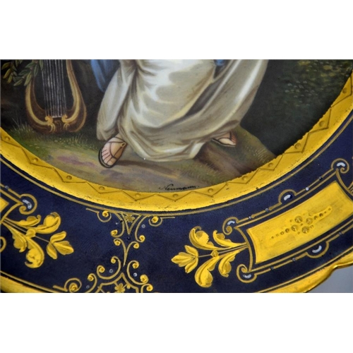 1597 - A pair of Vienna syle plates, painted with allegorical scenes, cobalt border with raised paste gildi... 