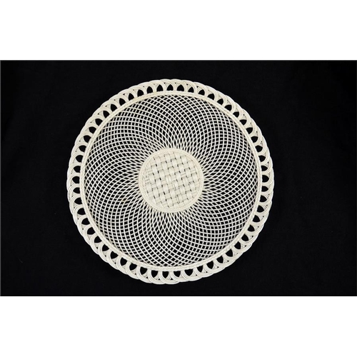 1598 - A Belleek lattice woven plate, plain white, impressed marks to banner, 26.5cm diameter