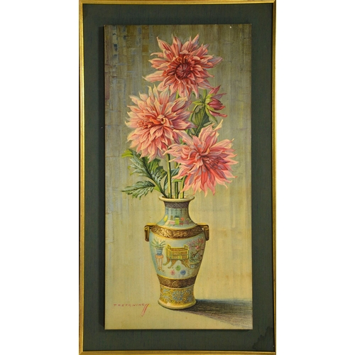 300 - † Vladimir Tretchikoff (1913-2006), Pink Dahlias, print on board, 91cm x 44cm, framed