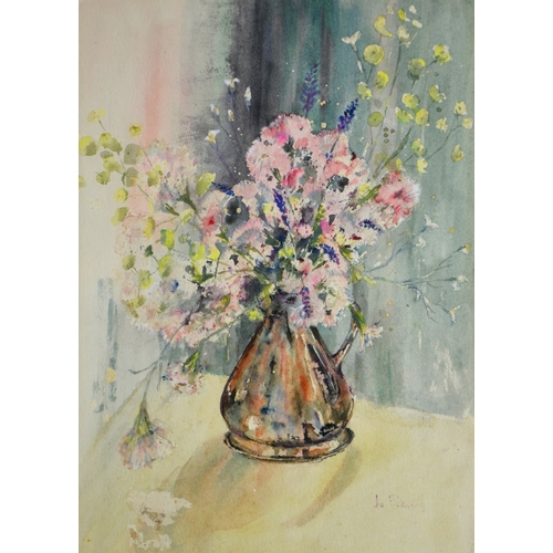 364 - Jo Pickering, Still Life with flowers in a copper measure, watercolour, signed, 34cm x 24cm, togethe... 