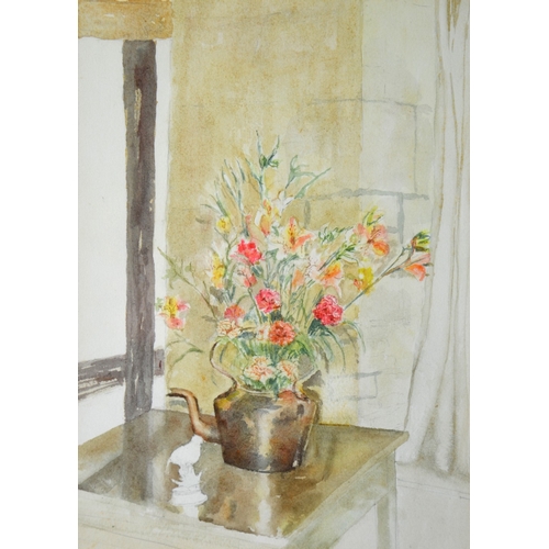 364 - Jo Pickering, Still Life with flowers in a copper measure, watercolour, signed, 34cm x 24cm, togethe... 