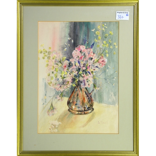 364 - Jo Pickering, Still Life with flowers in a copper measure, watercolour, signed, 34cm x 24cm, togethe... 